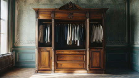 A beautifully crafted wooden wardrobe stands in a vintage room, showcasing an array of neatly arranged suits and shirts. The elegant design complements the historical atmosphere, making it a perfect addition to any classic interior.の素材