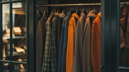 A stylish display of cozy winter jackets and coats hanging in a modern wardrobe, showcasing a variety of textures and vibrant colors that enhance any seasonal look.の素材