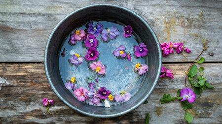 A serene composition of vibrant flowers floating in a metal bowl filled with water, resting on a rustic wooden surface. Perfect for nature-inspired decor.の素材