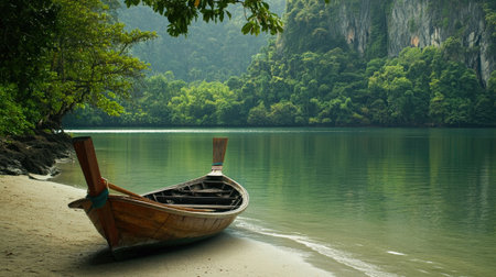 A tranquil view of a traditional wooden boat anchored on a calm tropical shoreline. Lush green trees surround the serene water, creating a peaceful atmosphere perfect for relaxation and exploration.の素材
