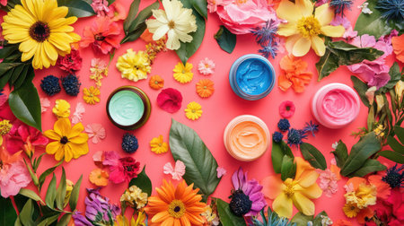 A lively flat lay composition featuring colorful creams surrounded by a variety of fresh flowers on a coral background, showcasing beauty and nature.の素材