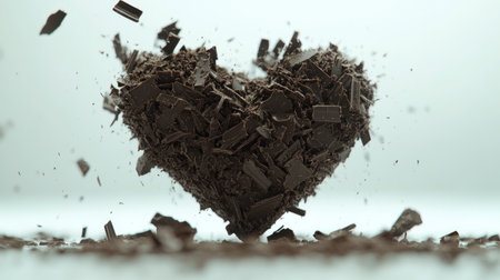 A stunning depiction of a heart made from crushed chocolate shavings, capturing the essence of love and indulgence in a soft-lit environment.の素材