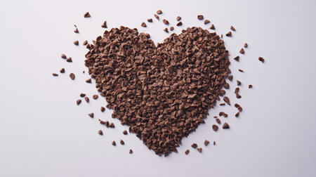 Artistic arrangement of cocoa nibs shaped into a heart on a white background, symbolizing love and passion for chocolate. Perfect for culinary themes.の素材