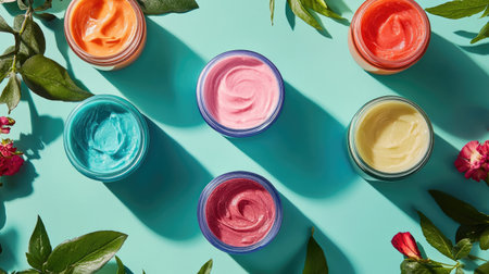 Discover an artistic arrangement of colorful creams in jars, set against a vibrant turquoise backdrop with leaves and flowers, perfect for beauty and skincare projects.の素材