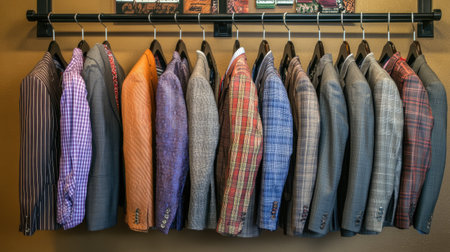 A vibrant collection of stylish blazers hanging elegantly in a boutique. This display showcases diverse patterns and rich fabrics, perfect for various occasions.の素材