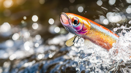 A stunning close-up of a vibrant fish leaping out of the water, creating dynamic splashes. The colorful bokeh background adds an artistic touch to this captivating moment in nature.の素材