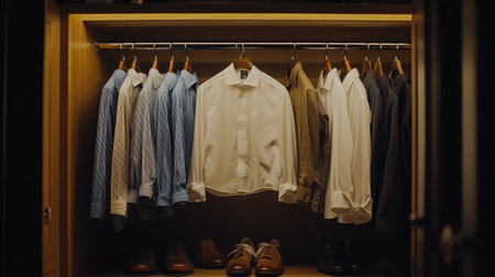 A stylish wardrobe showcasing a variety of neatly arranged shirts and shoes, reflecting a blend of casual and formal attire. Ideal for fashion and interior inspiration.の素材