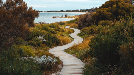 A scenic view of a winding wooden boardwalk through lush coastal vegetation, leading toward tranquil waters. Perfect for nature lovers and travelers seeking peace.の素材
