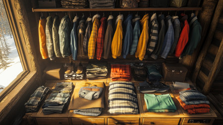 A cozy cabin interior showcasing an organized closet filled with various winter clothing options, including jackets, shirts, and accessories, perfect for seasonal adventures.の素材