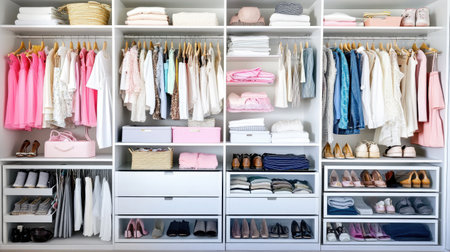 A beautifully organized closet showcasing colorful dresses, neatly folded clothes, and stylish shoes. This image captures the essence of a tidy and inviting wardrobe space.の素材