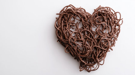 An artistic depiction of a heart shape formed from twisted brown strands on a clean white background, symbolizing love and creativity. Perfect for romantic themes.の素材