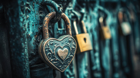 A close-up view of a heart-shaped vintage padlock showcases intricate details and weathered textures, symbolizing love and security on a rustic metal fence.の素材