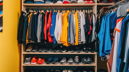 This image showcases a well-organized closet featuring a variety of clothing items and athletic shoes. The vibrant colors and neat arrangement highlight an efficient storage solution for everyday wear.の素材