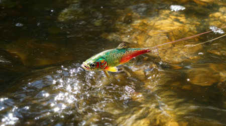A vibrant fish swims gracefully in clear water, showcasing its bright colors and reflecting sunlight. This serene nature scene captures the beauty of aquatic life.の素材