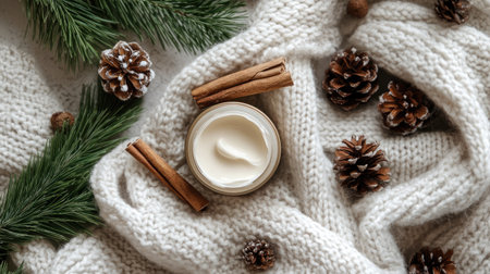 A serene winter scene featuring a creamy skincare product surrounded by pine cones, cinnamon sticks, and a soft knitted texture. Perfect for wellness themes.の素材