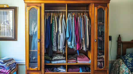 A beautifully crafted wooden wardrobe featuring organized clothing and linens. The design emphasizes neatness and accessibility, showcasing a variety of shirts and pants. Perfect for home organization inspiration.の素材