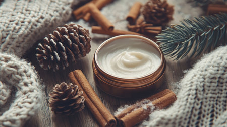 A soothing skin lotion placed among pinecones, cinnamon sticks, and cozy textiles creates a serene winter scene. Ideal for promoting natural skincare.の素材