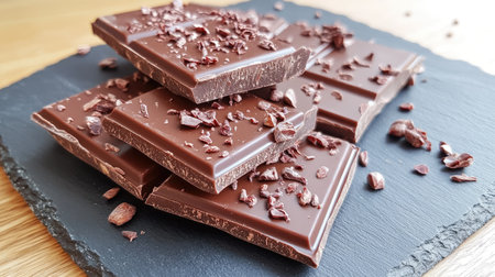 Close-up of dark chocolate squares stacked on a slate tray, garnished with cacao nibs, showcasing a rich and indulgent dessert perfect for culinary enthusiasts.の素材