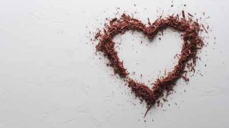 This image features a heart shape made from chocolate shavings on a smooth white surface, symbolizing love and sweetness. Perfect for culinary and romantic themes.の素材