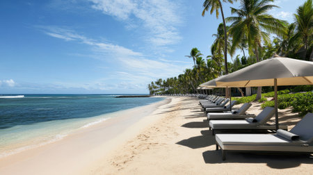 A peaceful tropical beach scene featuring lounge chairs under sunshades, palm trees lining the shore, and clear blue water inviting relaxation and leisure.の素材