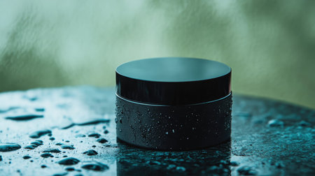 A sleek black cosmetic jar sits on a wet surface, adorned with water drops, conveying a sense of elegance and freshness in a tranquil setting.の素材
