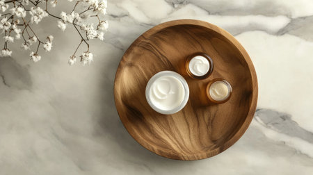 Beautifully arranged natural skin care products on a wooden plate, showcasing simplicity and elegance. Perfect for wellness and beauty-themed content.の素材