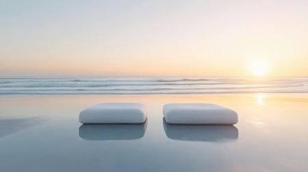 Experience a tranquil beach scene featuring minimalist white lounge chairs under a beautiful sunset, reflecting on the calm ocean water. Ideal for relaxation.の素材