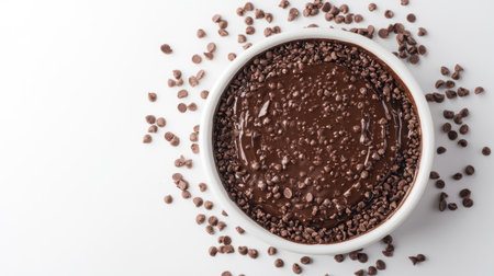 This image showcases rich, creamy chocolate sauce topped with mini chocolate chips, perfect for desserts or baking, presented on a clean white background.の素材