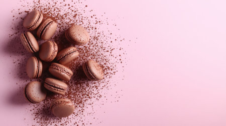 A beautifully arranged group of chocolate macarons scattered with cocoa powder on a soft pink background, perfect for dessert lovers and culinary inspirations.の素材