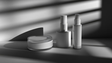 A serene arrangement of minimalist skincare products casting soft shadows. The composition features a jar and bottles, emphasizing tranquility and beauty.の素材