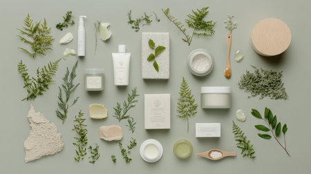 Discover an aesthetically pleasing arrangement of natural skincare products surrounded by greenery, reflecting a peaceful and rejuvenating beauty routine.の素材