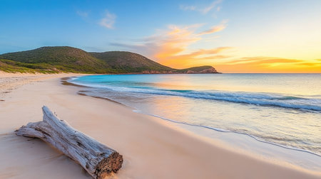 A serene beach landscape at sunset showcases gentle waves lapping against the shore, with driftwood adding to the tranquil scene under a colorful sky.の素材