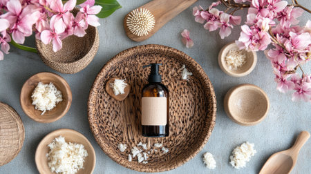 This image features a natural cosmetic bottle surrounded by floral decor and wooden accessories, creating an elegant and serene atmosphere perfect for wellness and beauty themes.の素材