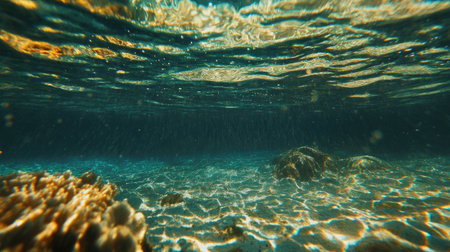 Dive into a serene underwater scene showcasing vibrant coral and sunlight filtering through the crystal-clear water, creating a tranquil and calming environment.の素材