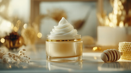 A luxurious jar of rich cream sits elegantly with honey and natural decor, creating a serene scene perfect for skincare themes and wellness products.の素材