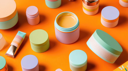 Vibrant assortment of cosmetic containers displayed on an orange background. The collection showcases various shapes and colors, ideal for beauty marketing.の素材