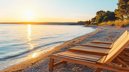 A peaceful beach scene at sunset featuring wooden lounge chairs. The sun sets over calm waters, casting reflections and creating a serene atmosphere perfect for relaxation.の素材