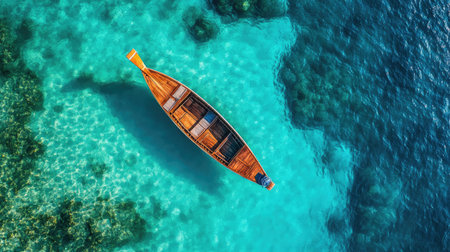An aerial view captures a stunning wooden boat gliding over clear turquoise waters, showcasing the beauty of remote ocean landscapes and peaceful serenity.の素材
