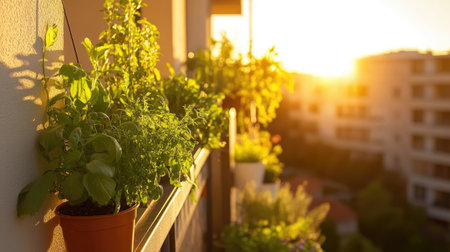 Sunlight bathes a balcony garden in golden light, showcasing vibrant green plants and herbs in pots, creating a serene and peaceful outdoor atmosphere.の素材