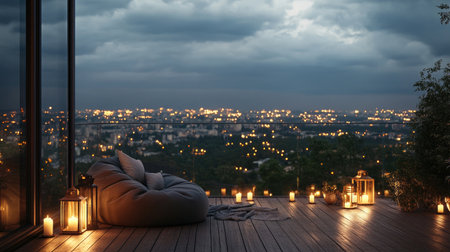 A cozy evening setting featuring soft seating, warm candlelight, and a stunning city view, creating a tranquil atmosphere for relaxation and comfort.の素材