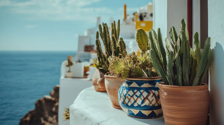 A picturesque scene showcasing cacti and succulents in decorative pots on a charming balcony. The vibrant arrangement overlooks a stunning ocean view, capturing a tranquil atmosphere perfect for relaxation.の素材
