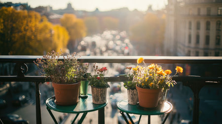 A serene balcony scene featuring colorful flower pots bathed in warm sunlight, overlooking a bustling cityscape. Ideal for themes of relaxation and urban gardening.の素材