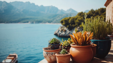 A serene coastal view showcasing potted succulents on a balcony. The backdrop features majestic mountains and calm blue waters, ideal for relaxation.の素材