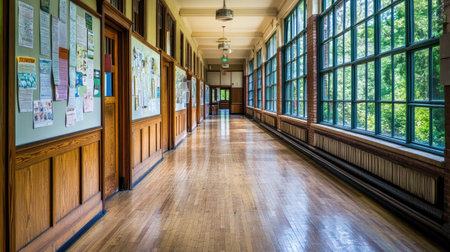 Explore a bright and airy school hallway featuring large windows and polished wooden floors. This inviting space captures the essence of education and tranquility.の素材