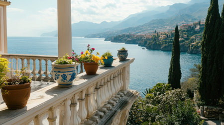 Beautiful coastal scene from a balcony adorned with potted flowers, showcasing a stunning view of mountains and the serene sea, perfect for relaxation vacation.の素材