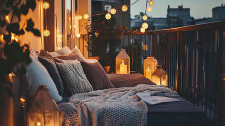 A cozy balcony setup featuring soft cushions, warm candles, and string lights creates a serene atmosphere perfect for relaxation during the evening.の素材