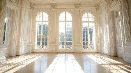 Bright and elegant room featuring large windows that fill the space with natural light, creating a tranquil and peaceful atmosphere. Ideal for various uses.の素材