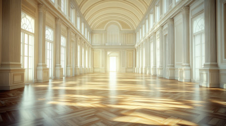 A grand and elegant interior space filled with natural light, showcasing fine architectural details and a polished wooden floor, creating a serene atmosphere.の素材
