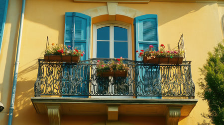 A stunning balcony adorned with vibrant flower pots in full bloom, set against a warm yellow wall with blue shutters, showcasing a charming architectural detail.の素材