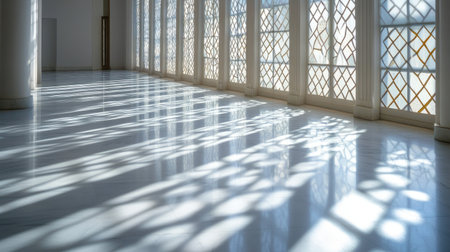 A spacious interior showcasing intricate light patterns and shadows cast by large windows. The serene and minimalist design emphasizes brightness and clarity.の素材
